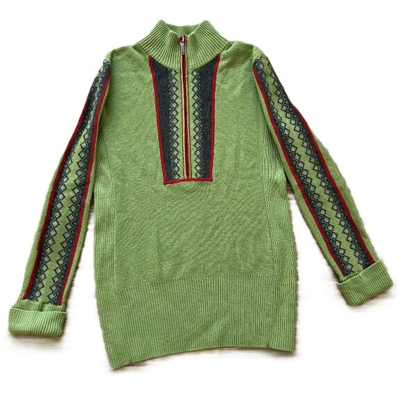 Eddie Bauer Nordic Style Merino Wool Knit Sweater Quarter Zip Green Women's Lg - Picture 1 of 8